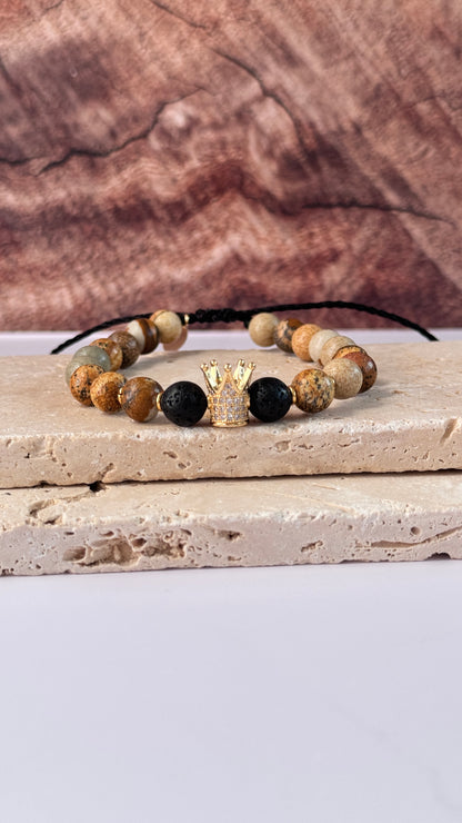 Crown Charm  with Lace Agate and Lava Stone Bracelet