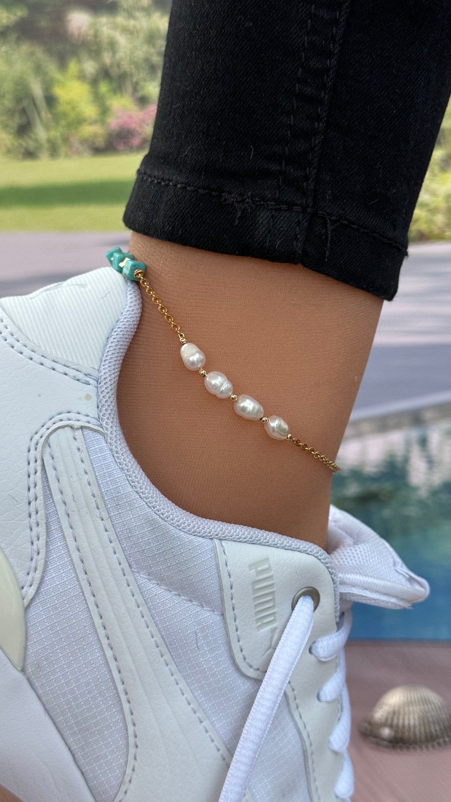 Turquoise and Pearls Anklet