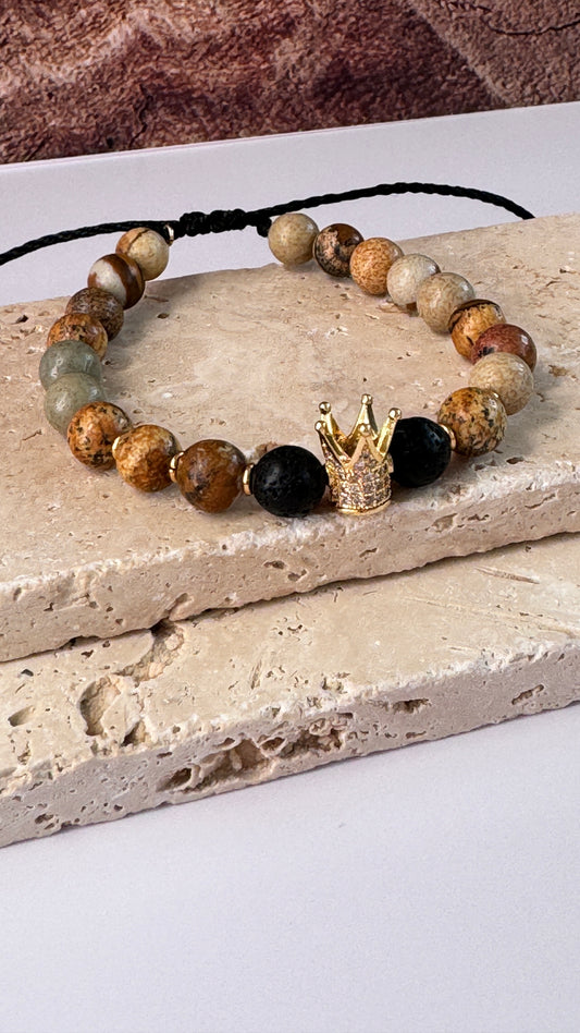 Crown Charm  with Lace Agate and Lava Stone Bracelet