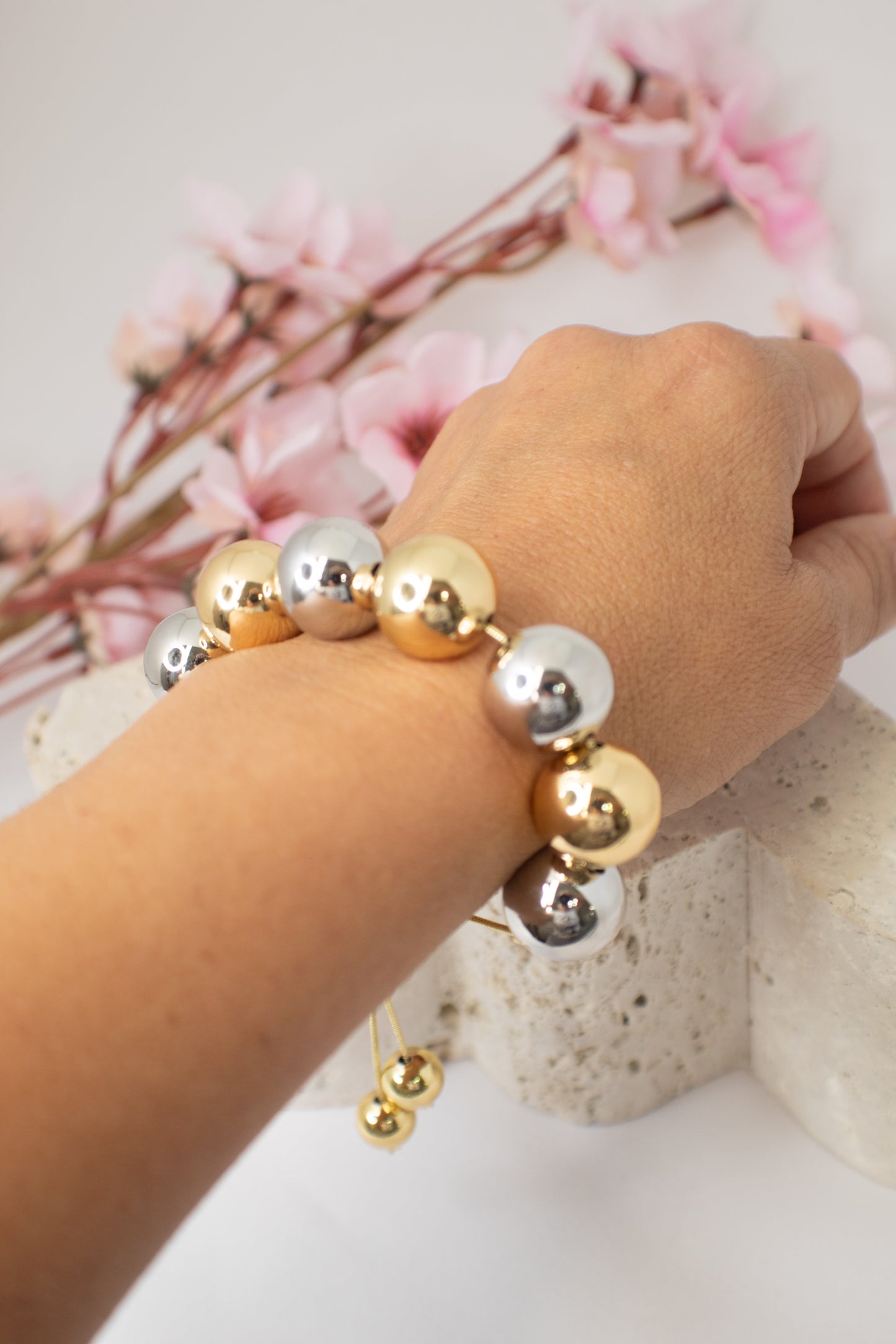 Bicolor Gold and Silver Adjustable Beaded Bracelet