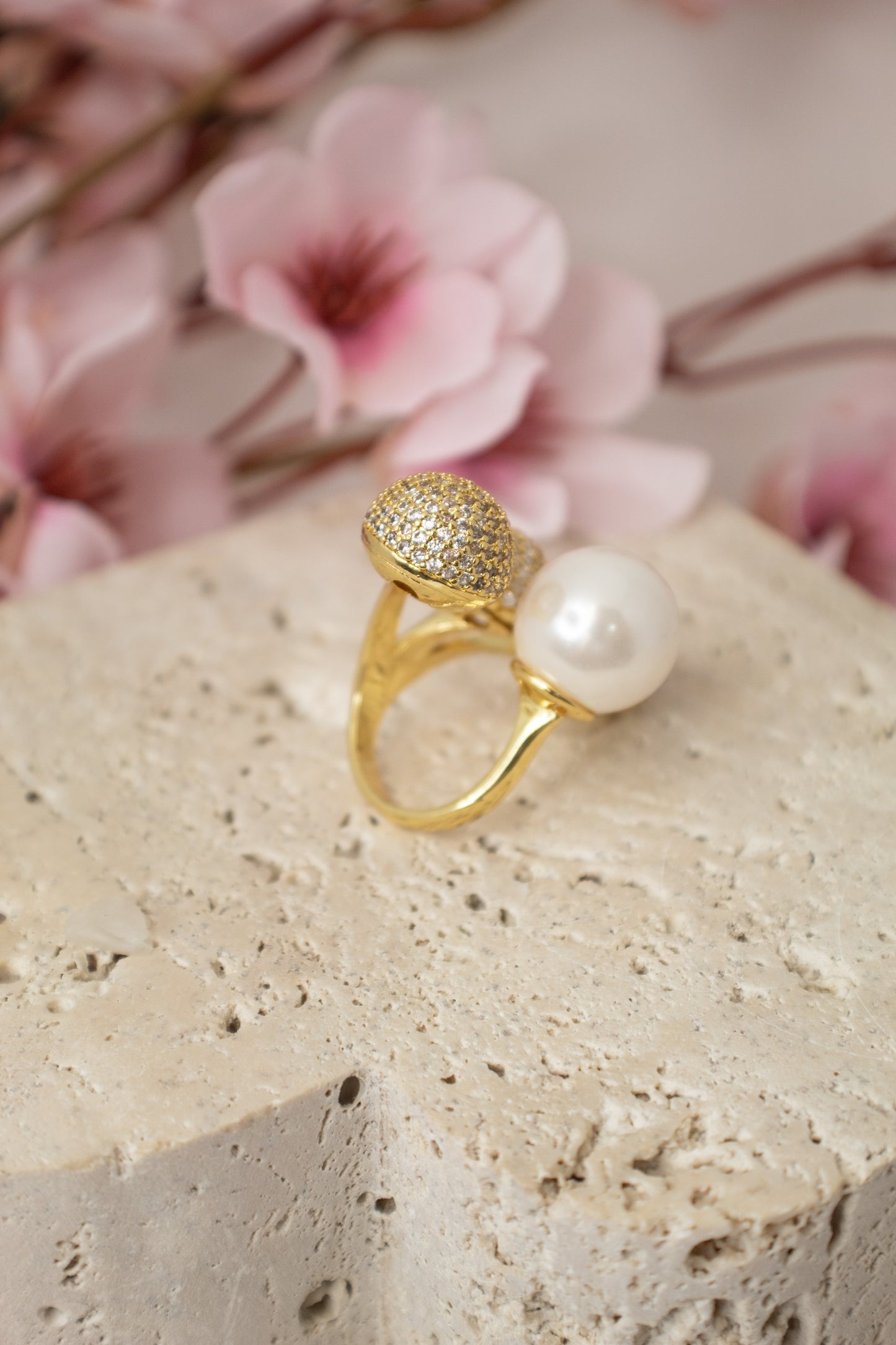 Rhodium Zircon and Pearl Ring