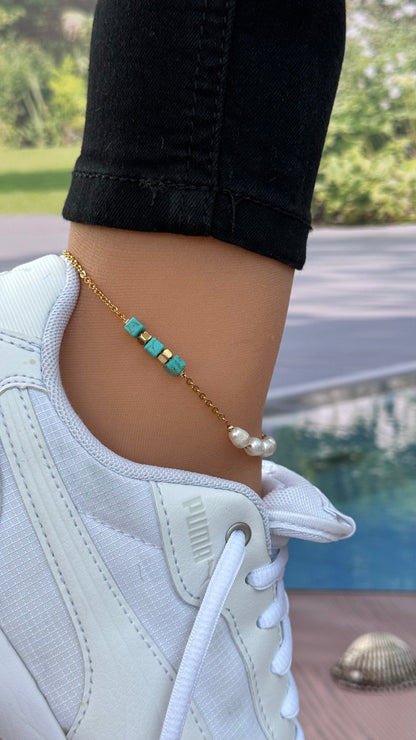 Turquoise and Pearls Anklet