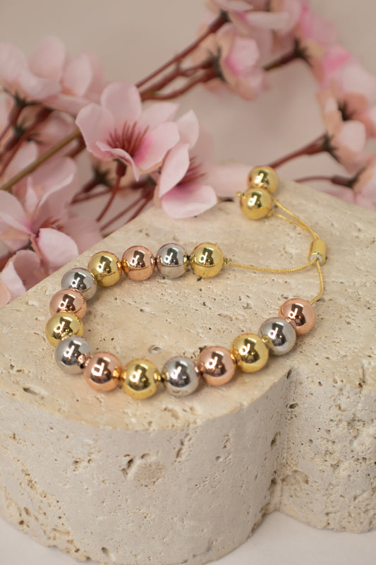 Tricolor Gold, Silver, and Rose Adjustable Beaded Bracelet