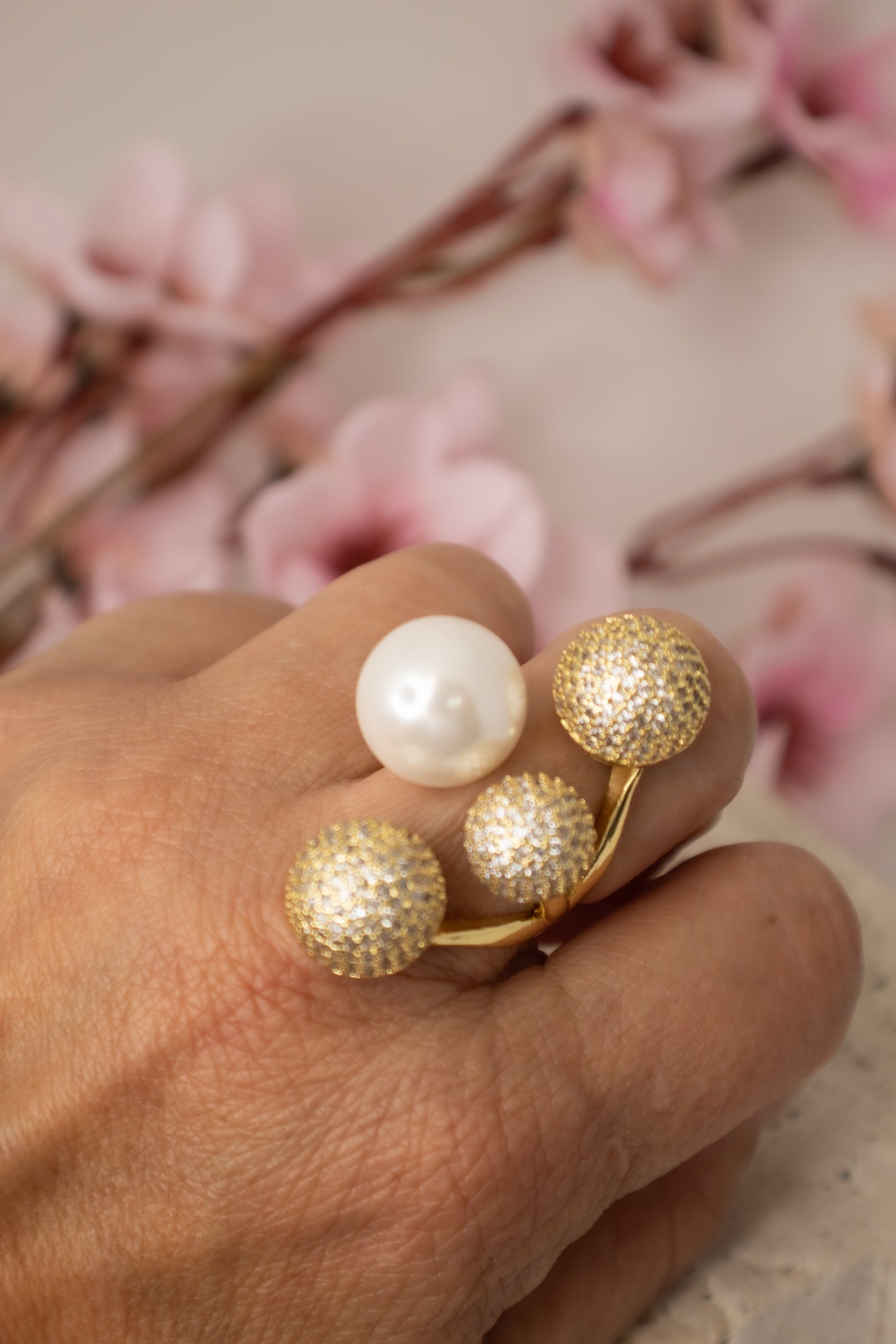 Rhodium Zircon and Pearl Ring